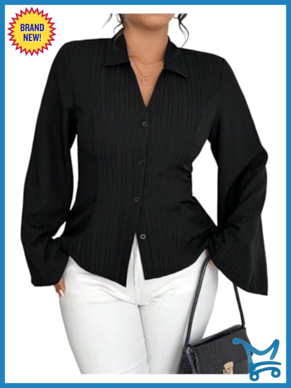 Women's Plus Size Collared V Neck Long Sleeve Button Down Shirt
